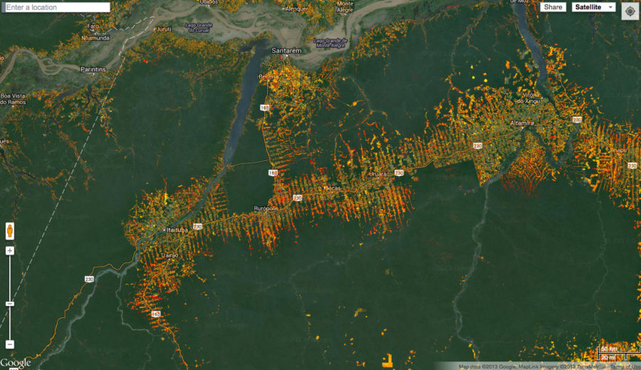 Mapa florestal mostrando o desmatamento histórico na Amazônia brasileira.