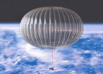 Ilustração de um balão estratosférico. Instrumento científico transportado por balão estratosférico realiza voo de circum-navegação na Antártica com o objetivo de captar a energia que emana das explosões solares em frequências inéditas. (Crédito: NASA)
