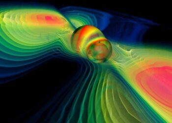 Simulação numérica de dois buracos negros fundidos realizados pelo Instituto Albert Einstein na Alemanha. Imagem: NASA/Blueshift/Flickr