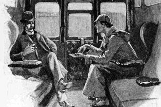 Detective Sherlock Holmes and Dr. John Watson travel by train in original artwork by Sydney Paget