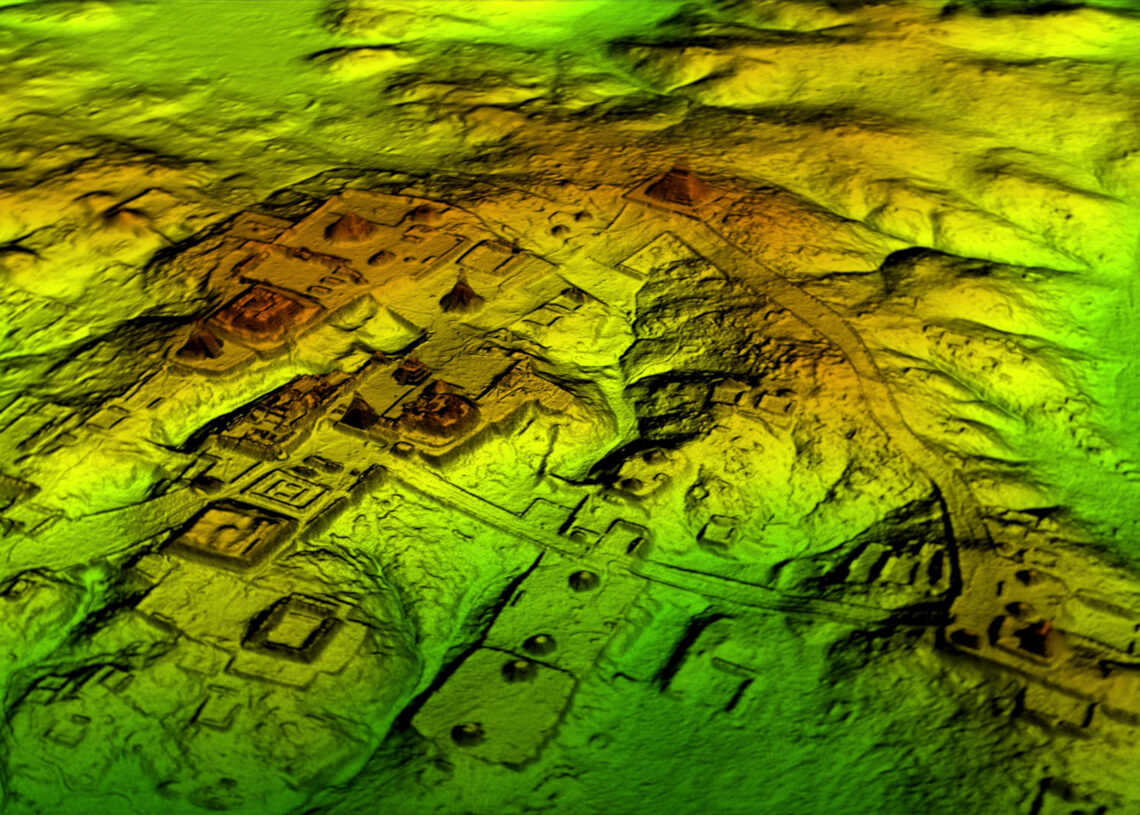 A tecnologia de laser conhecida como LiDAR remove digitalmente o dossel da floresta para revelar as ruínas antigas abaixo, mostrando que as cidades maias, como a Tikal, eram muito maiores que as pesquisas em terra sugeriam. Imagem: Wild Blue Media/National Geographic