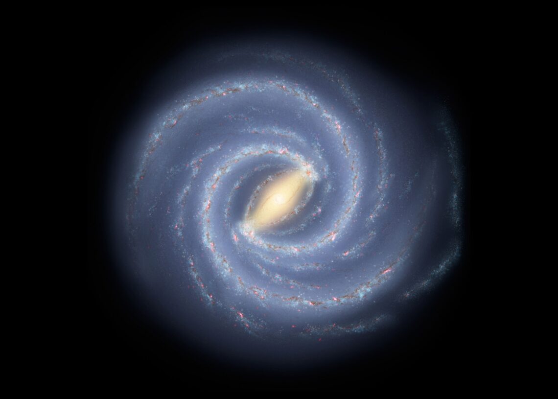 Renderização artística mostrando como pode ser a Via Láctea, onde um buraco negro supermassivo fica no centro. Uma dúzia de buracos negros menores já foram detectados, e um novo estudo sugere que o monstro supermassivo está cercado por cerca de 10.000 outros buracos negros menores. (Crédito: Spitzer Space Telescope/NASA/JPL-Caltech/R. Hurt - SSC/Caltech)
