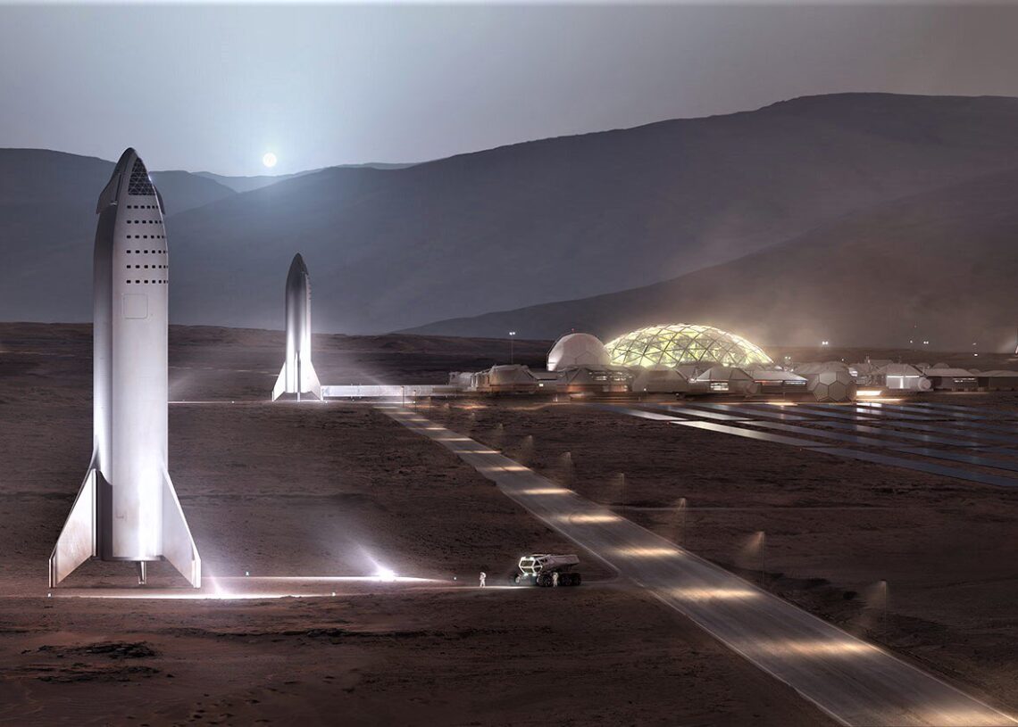 Conceito da Starship em Marte. Crédito: SpaceX