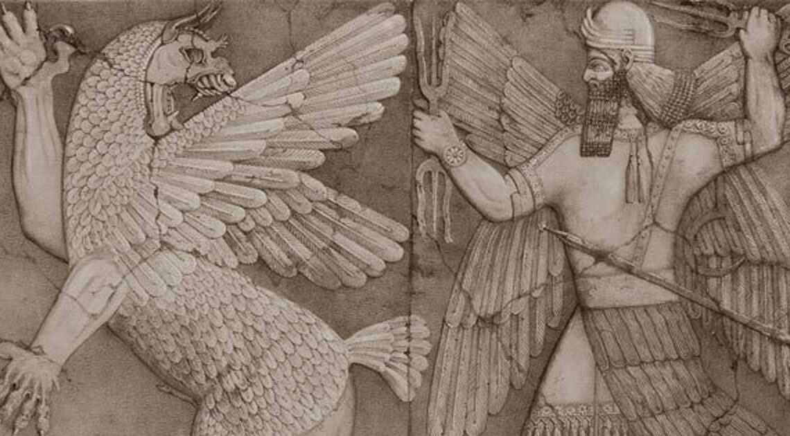 Monstro do caos e o deus do sol sumérios. Imagem: Wikipedia