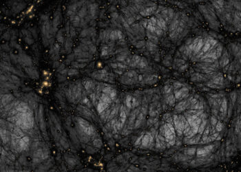 Um mapa simulado de matéria escura. (Tom Abel e Ralf Kaehler / KIPAC / SLAC / AMNH)