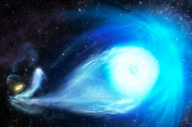 Uma impressão artística da estrela S5-HVS1 sendo ejetada pelo buraco negro pelo buraco negro supermassivo da Via Láctea. (Imagem: James Josephides / Swinburne Astro)