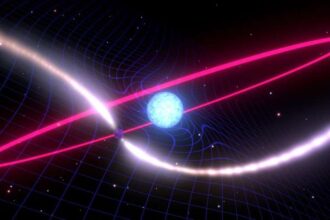 Representação artística de uma estrela de nêutrons que gira rapidamente e de uma anã branca que causa uma distorção no tecido do espaço-tempo em torno de sua órbita. Crédito: Mark Myers, Centro de Excelência OzGrav ARC.