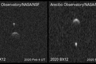 Imagens do radar Range-Doppler, capturou imagens de um asteroide com sua própria lua próximo da Terra. Créditos da imagem: Observatório de Arecibo)