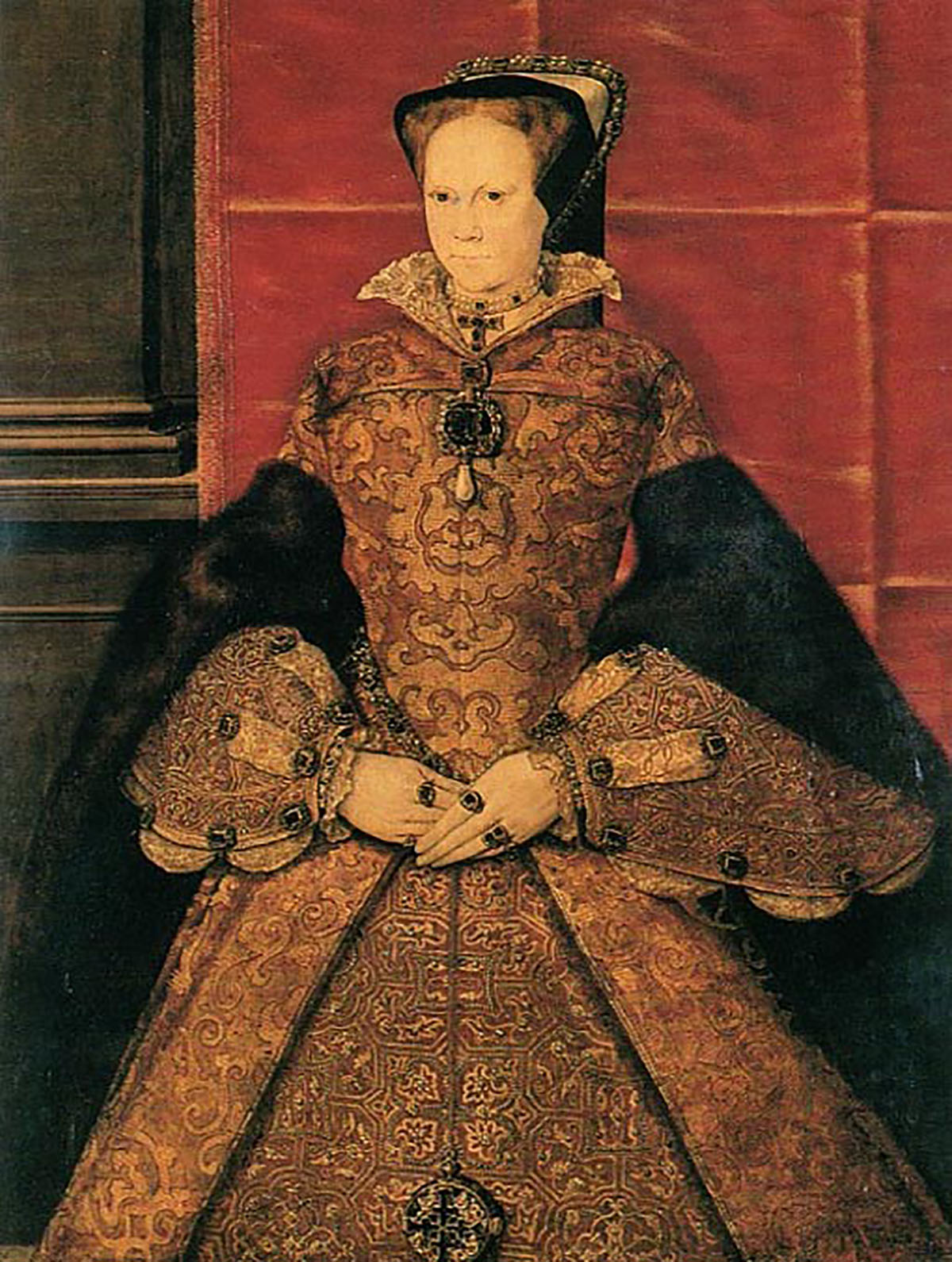Retrato de Maria I , da Inglaterra, a monarca que ficou conhecida como Maria Sangrenta, óleo sobre painel de carvalho pintado em 1554 por Hans Eworth. (Domínio público)
