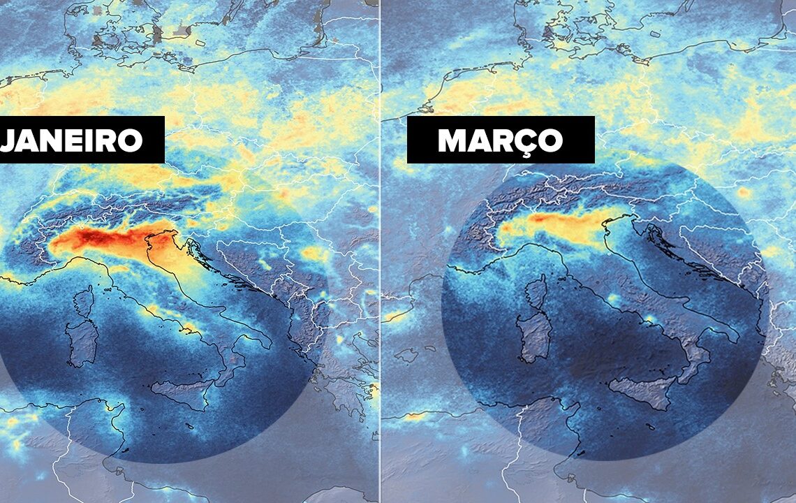 Imagens de satélites da redução da poluição do ar na Itália durante a crise do Coronavírus.