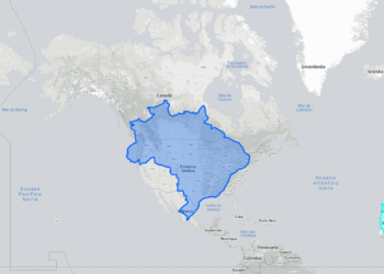 Brasil em comparação com os Estados Unidos. (Imagem: The True Size)