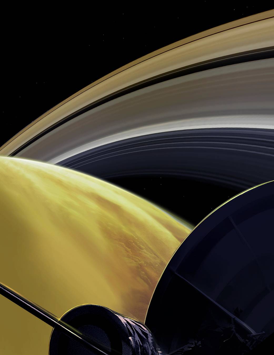 Concepção artística dos últimos momentos da Cassini. A sonda se jogou na densa atmosfera de Saturno para se autodestruir ao final da missão e não representar perigo para alguma das luas do planeta. (Créditos da imagem: NASA/JPL-Caltech)