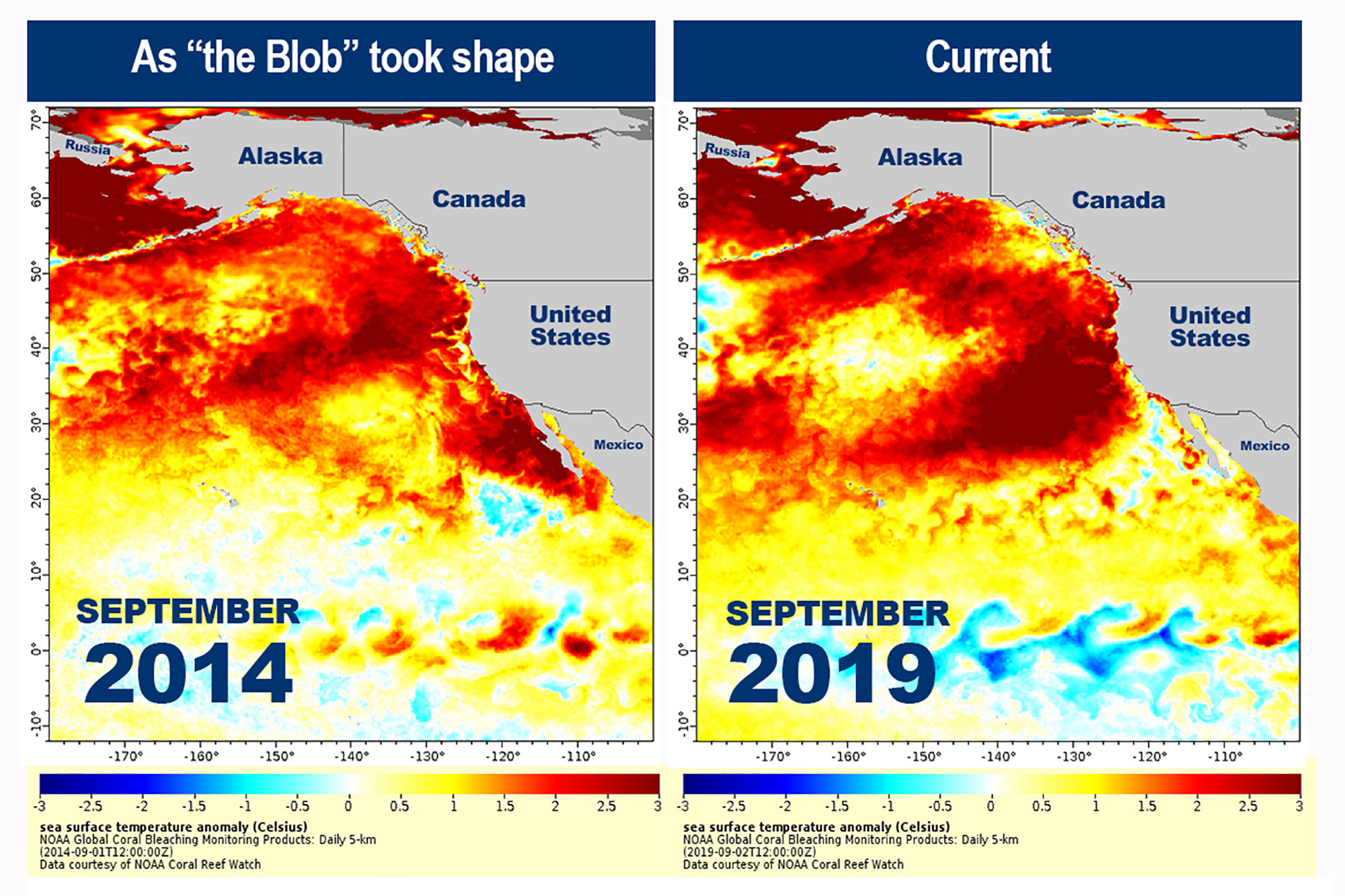 Observe as ondas de calor que se formaram no Atlântico em 2014 e 2019. (Créditos da imagem: NOAA).