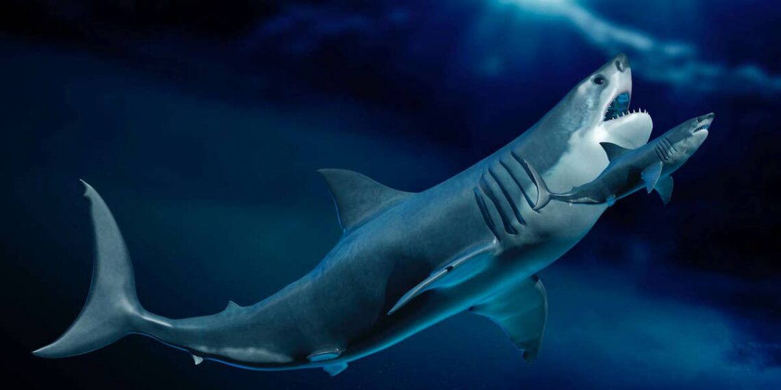 Um megalodon ao lado de um 'pequeno' tubarão-branco. Imagem: Getty Images