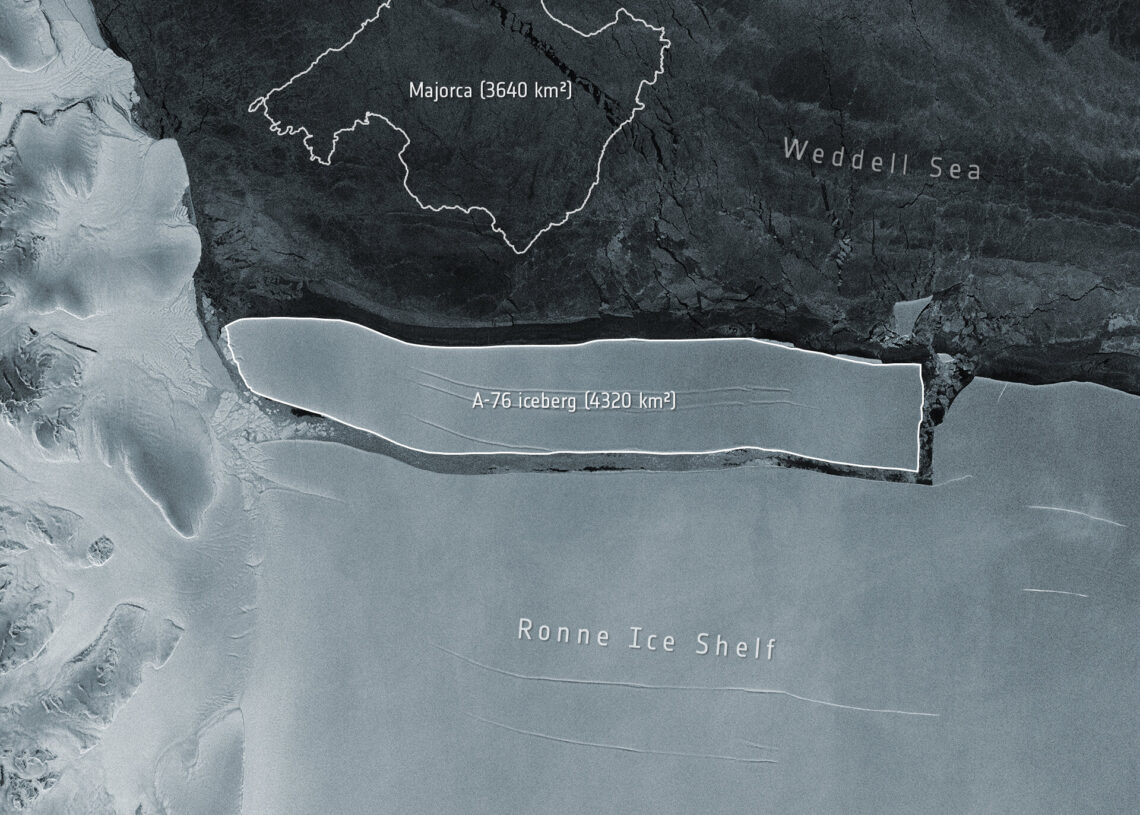 Este novo iceberg tomou a posição de maior do mundo ao se desprender da placa de Ronne. Imagem: Sentinel-1/ESA