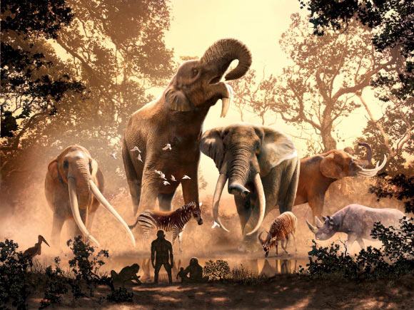 Uma nova pesquisa mostra que a caça pode não ter sido o motivo principal da extinção dos ancestrais dos elefantes. Imagem: Julius Csotonyi.
