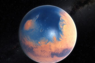 Impressão artística de Marte com água em sua superfície há bilhões de anos.