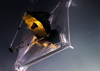 A ilustração apresenta  a o telescópio James Webb totalmente desdobrado, como ele ficará quando começar a observação o universo. Crédito da imagem: Adriana Manrique, NASA/GSFC