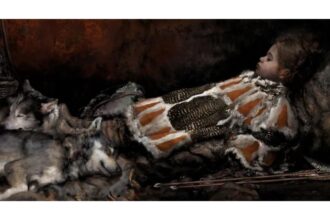 Ilustração de como a criança da Idade da Pedra teria sido enterrada em Majoonsuo. Representação artística feita por Tom Björklund