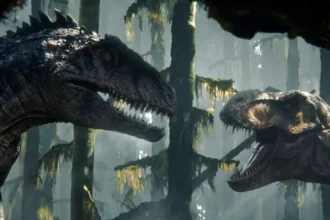 Giganotosaurus e T. rex se enfrentam em ilustração artística.