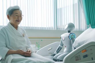 Robô e idoso em leito hospitalar