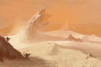 Pintura digital de Arrakis com o verme de areia gigante