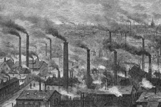 Uma ilustração mostrando o crescimento da industrialização na Grã-Bretanha.