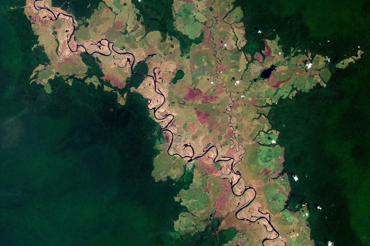 Vista aérea do rio Likouala-aux-Herbes na República do Congo, capturada pelo satélite Copernicus Sentinel-2 da ESA