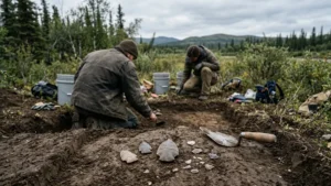 Arqueólogos escavam sedimento escuro no Alasca, com pontas de pedra lascada em primeiro plano e floresta boreal ao fundo