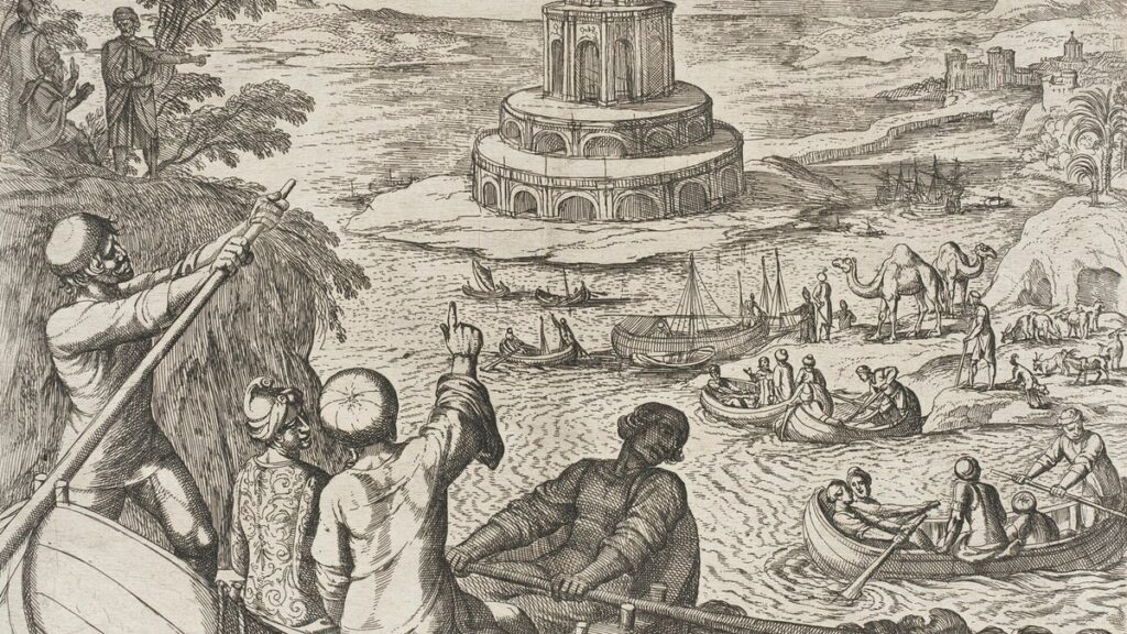 Gravura em preto e branco de um farol de vários andares sobre uma ilha, com barcos, camelos e homens em primeiro plano.