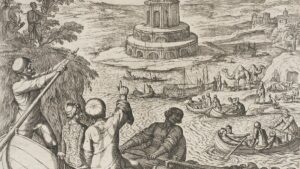 Gravura em preto e branco de um farol de vários andares sobre uma ilha, com barcos, camelos e homens em primeiro plano.