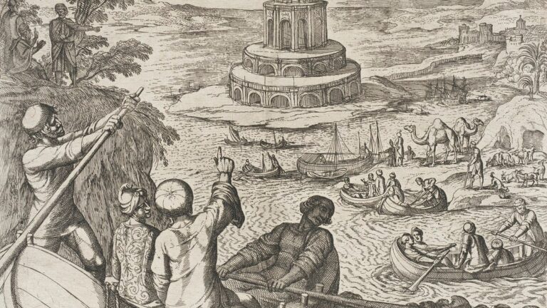 Gravura em preto e branco de um farol de vários andares sobre uma ilha, com barcos, camelos e homens em primeiro plano.