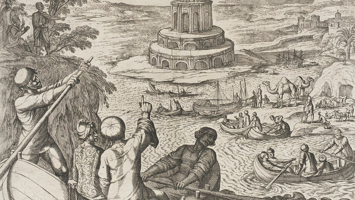 Gravura em preto e branco de um farol de vários andares sobre uma ilha, com barcos, camelos e homens em primeiro plano.