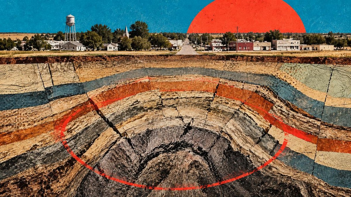 Ilustração: cidade do interior sob corte de rochas em camadas, com estrutura circular marcada em vermelho.