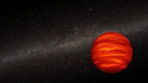 Ilustração de esfera avermelhada com faixas laranja e amarelas, à direita, sobre um fundo escuro repleto de estrelas.