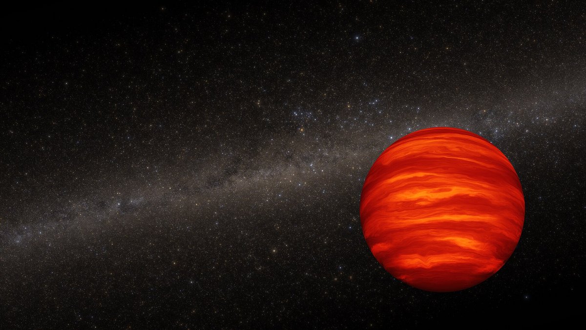 Ilustração de esfera avermelhada com faixas laranja e amarelas, à direita, sobre um fundo escuro repleto de estrelas.