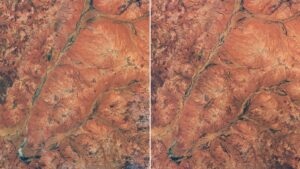 Duas imagens de satélite lado a lado mostram terreno avermelhado com canais ramificados e trechos de vegetação verde