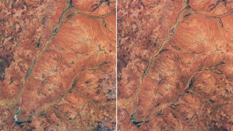 Duas imagens de satélite lado a lado mostram terreno avermelhado com canais ramificados e trechos de vegetação verde