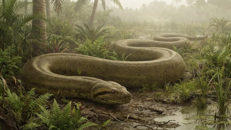 Ilustração de uma serpente gigante de corpo grosso enrolada à beira de um pântano tropical, entre samambaias e palmeiras, sob neblina