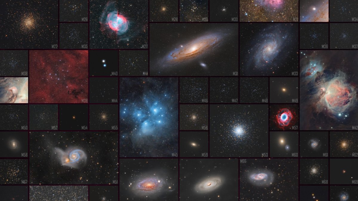 Mosaico de astrofotografias de galáxias, nebulosas e aglomerados estelares, com rótulos de identificação em cada painel.