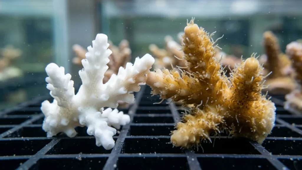 Macrofoto de dois fragmentos de coral encostados: um branco, branqueado, e outro marrom-dourado saudável, com cor voltando no