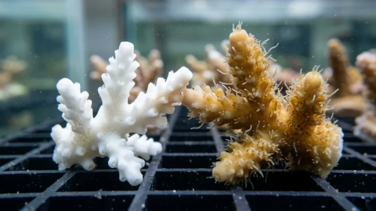 Macrofoto de dois fragmentos de coral encostados: um branco, branqueado, e outro marrom-dourado saudável, com cor voltando no