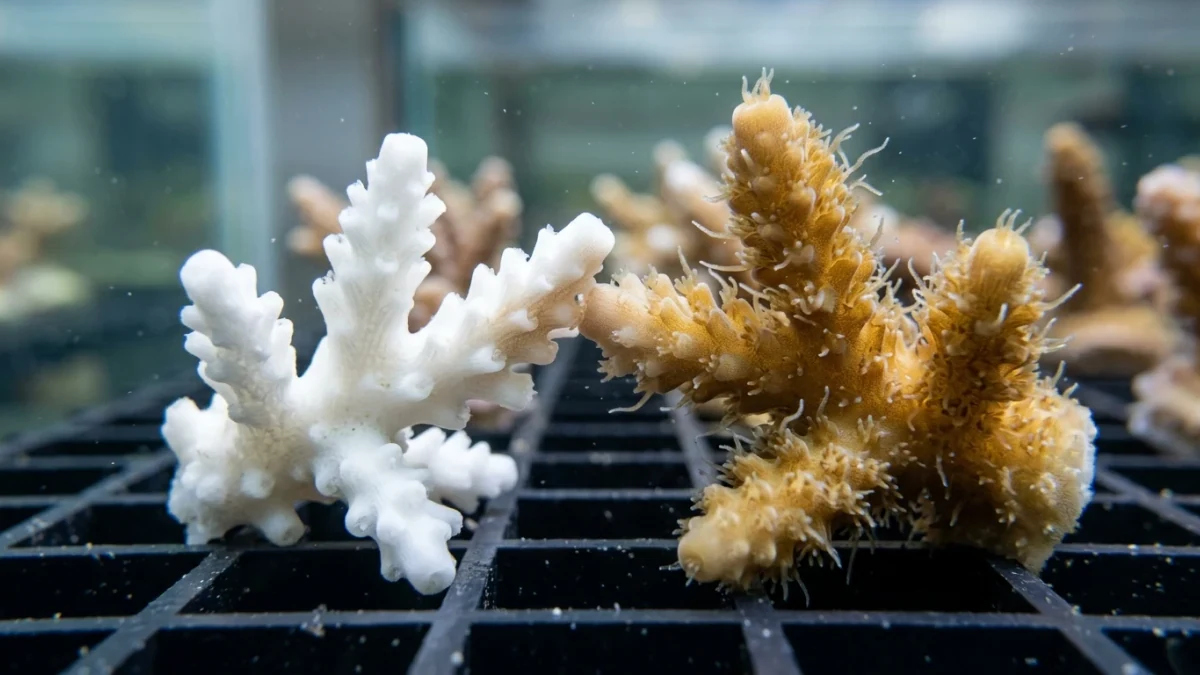 Macrofoto de dois fragmentos de coral encostados: um branco, branqueado, e outro marrom-dourado saudável, com cor voltando no