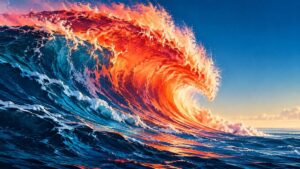 Ilustração de onda gigante quebrando, com crista em laranja e vermelho sobre mar azul e céu claro ao fundo.
