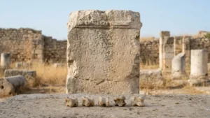 Pilar de calcário desgastado com inscrições em sítio arqueológico turco e cinco astrágalos de ovelha em primeiro plano