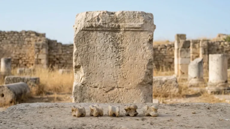 Pilar de calcário desgastado com inscrições em sítio arqueológico turco e cinco astrágalos de ovelha em primeiro plano