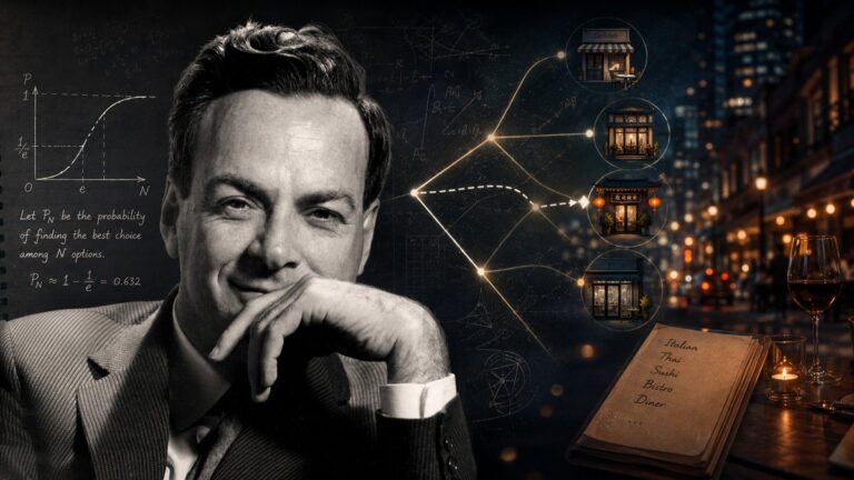 Feynman sorrindo de terno em preto e branco, com o queixo na mão, ao lado de gráfico, quatro restaurantes e cardápio.