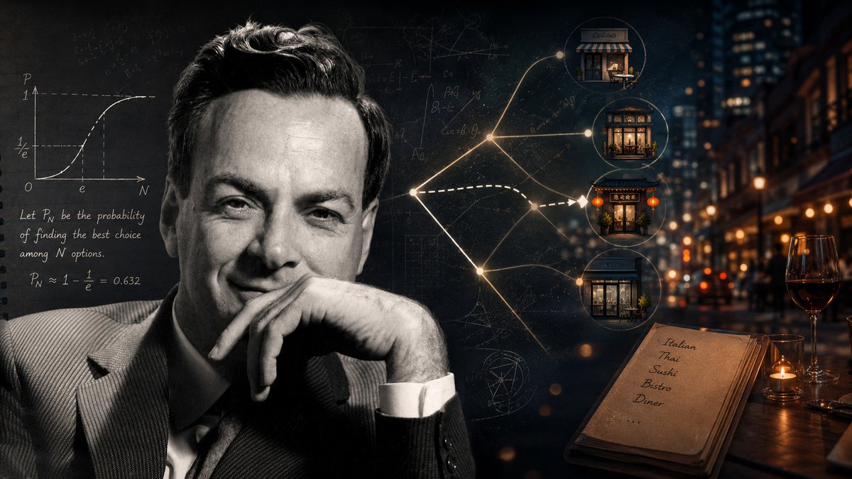 Feynman sorrindo de terno em preto e branco, com o queixo na mão, ao lado de gráfico, quatro restaurantes e cardápio.